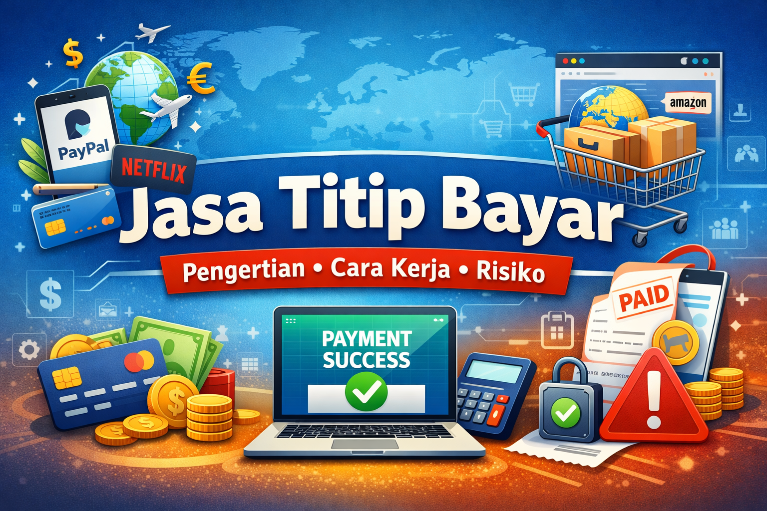 Ilustrasi jasa titip bayar untuk pembayaran online dan luar negeri, menjelaskan cara kerja, contoh penggunaan, dan risiko jasa titip bayar