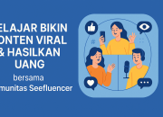 Ilustrasi kreator digital dalam komunitas Seefluencer Circle sedang berkolaborasi membuat konten viral dan menghasilkan uang, format landscape penuh tanpa terpotong
