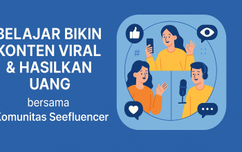 Ilustrasi kreator digital dalam komunitas Seefluencer Circle sedang berkolaborasi membuat konten viral dan menghasilkan uang, format landscape penuh tanpa terpotong