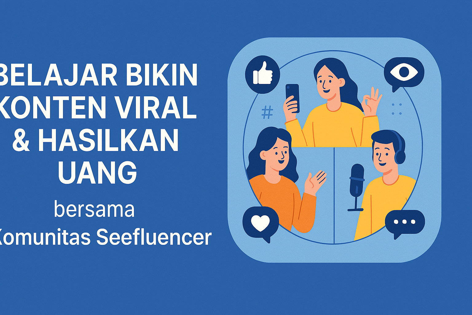Ilustrasi kreator digital dalam komunitas Seefluencer Circle sedang berkolaborasi membuat konten viral dan menghasilkan uang, format landscape penuh tanpa terpotong