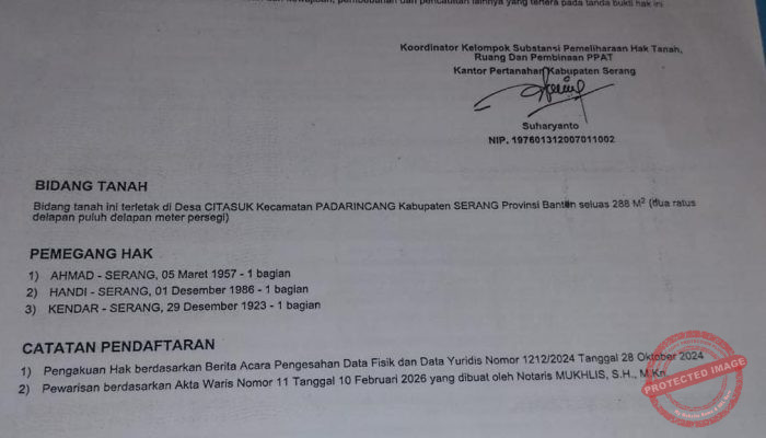 Dugaan Kejanggalan Umur Pemegang Hak di Sertifikat BPN Serang, Ahli Waris Samhudi Tempuh Jalur Hukum