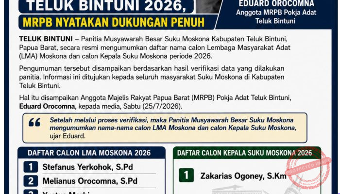 Panitia Umumkan Daftar Calon LMA dan Kepala Suku Moskona Teluk Bintuni 2026, MRPB Nyatakan Dukungan Penuh