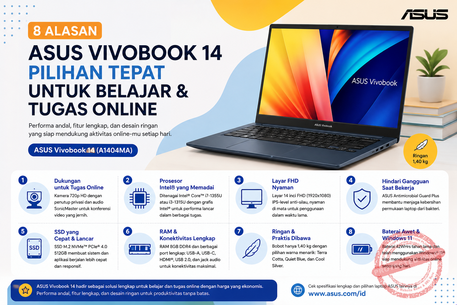 Laptop ASUS Vivobook 14 A1404MA dengan desain modern sebagai rekomendasi laptop untuk belajar, kuliah, bekerja, dan tugas online sehari-hari.