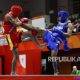 Atlet wushu sanda Indonesia bertanding pada babak semifinal Asian Games 2026 di Jepang.